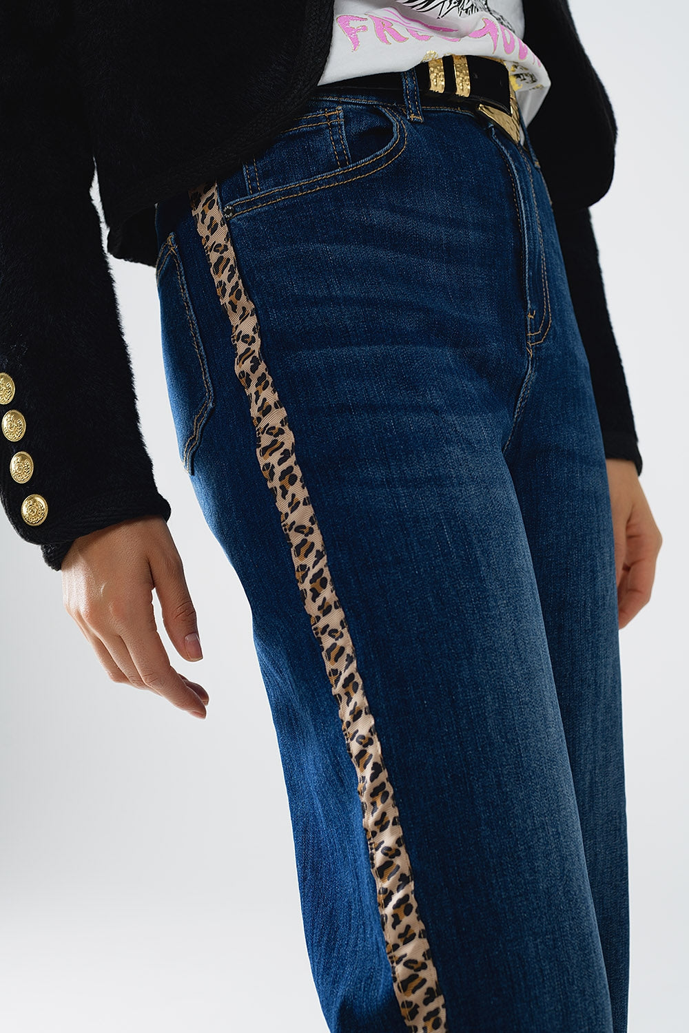 Q2 Wide Leg Jeans with leopard stripe on side