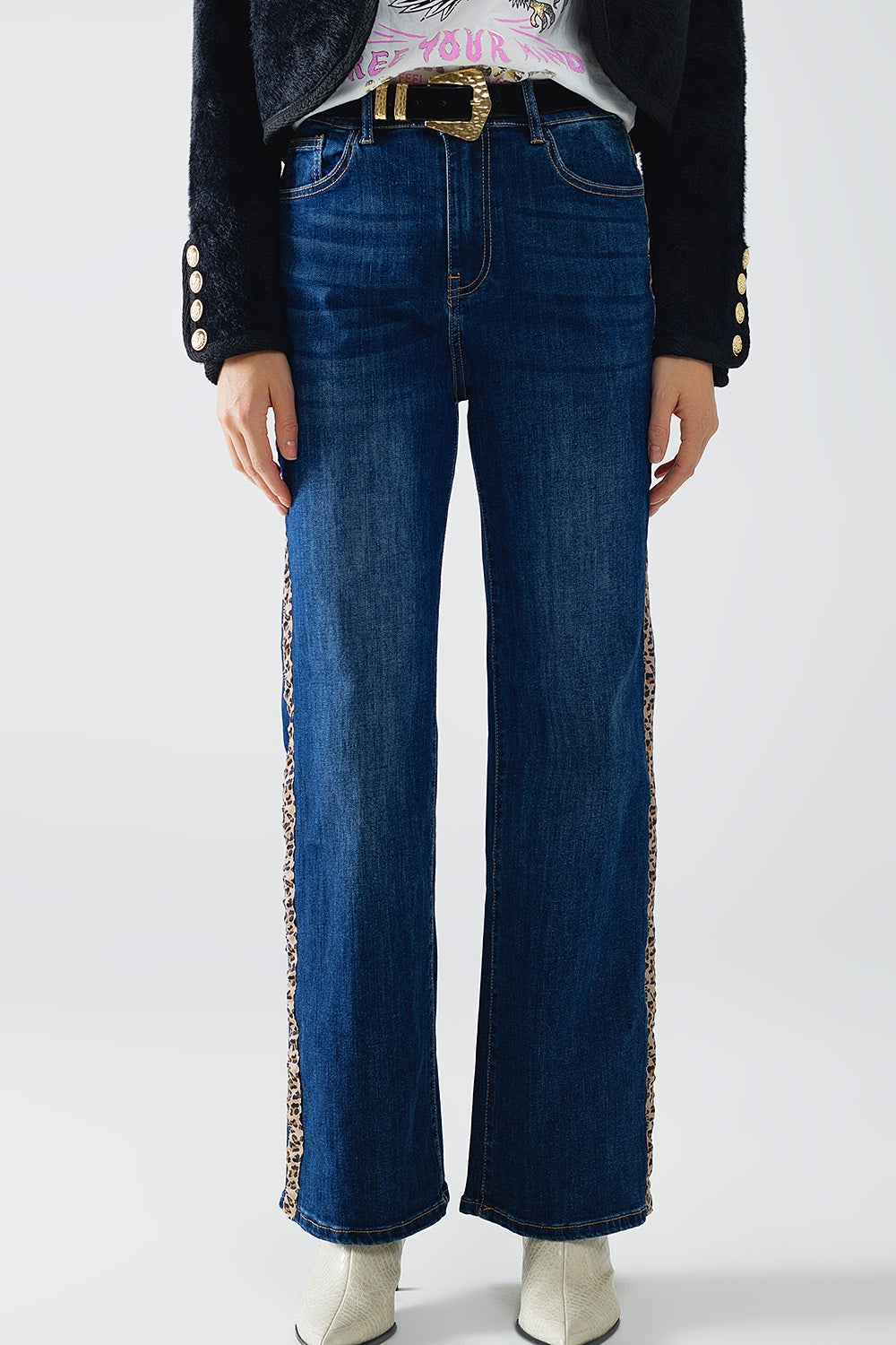 Wide Leg Jeans with leopard stripe on side Q2 Jeans BoutiqueLua