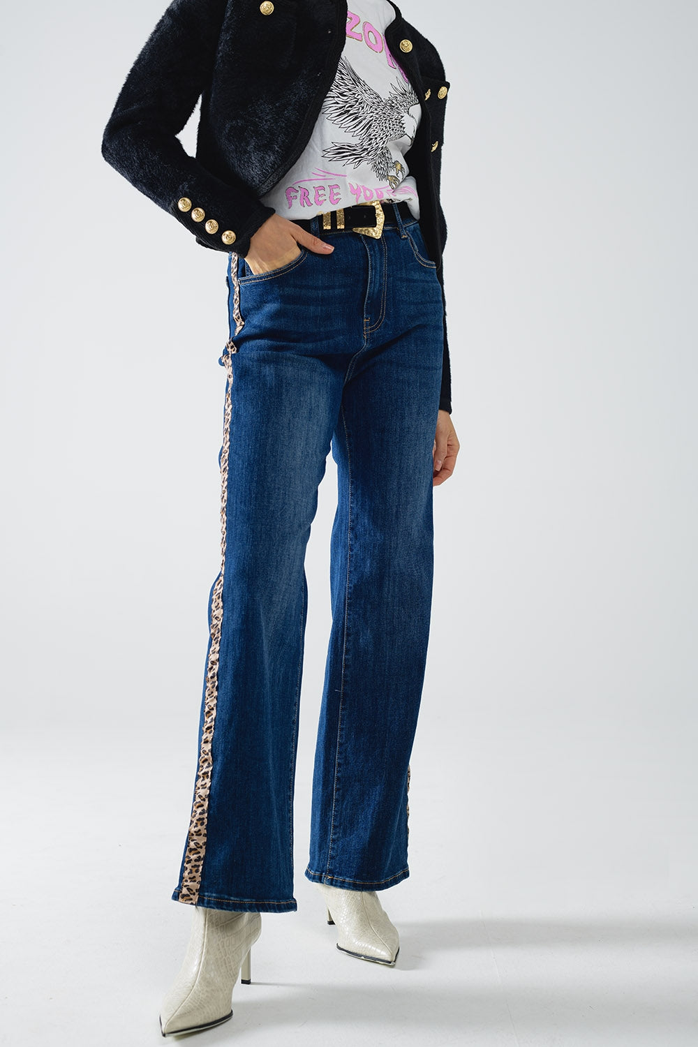 Wide Leg Jeans with leopard stripe on side Q2 Jeans BoutiqueLua