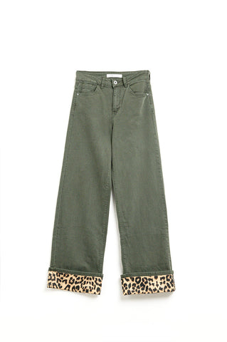 Wide leg military green pants with leopard print at the bottom