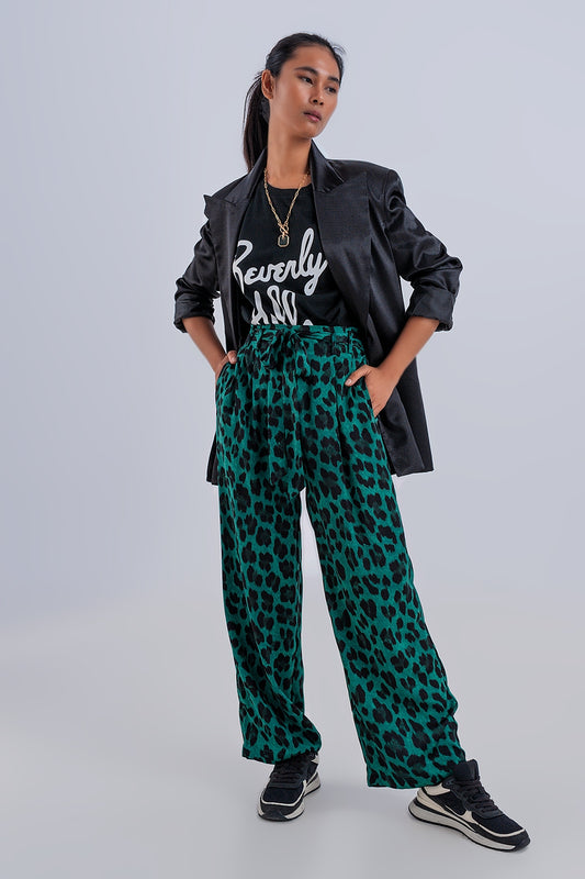 Q2 Wide leg pants in green leopard print