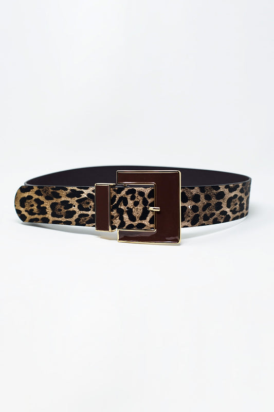 Q2 Wide leopard belt in dark brown with black square buckle