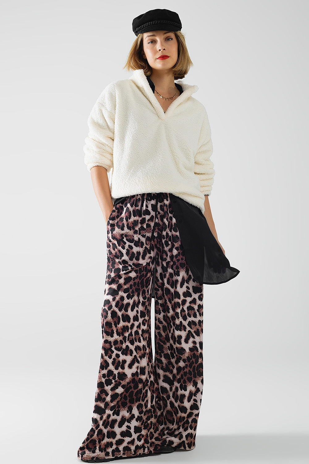 Wide leopard pants with satin side stripe Q2 Pants BoutiqueLua