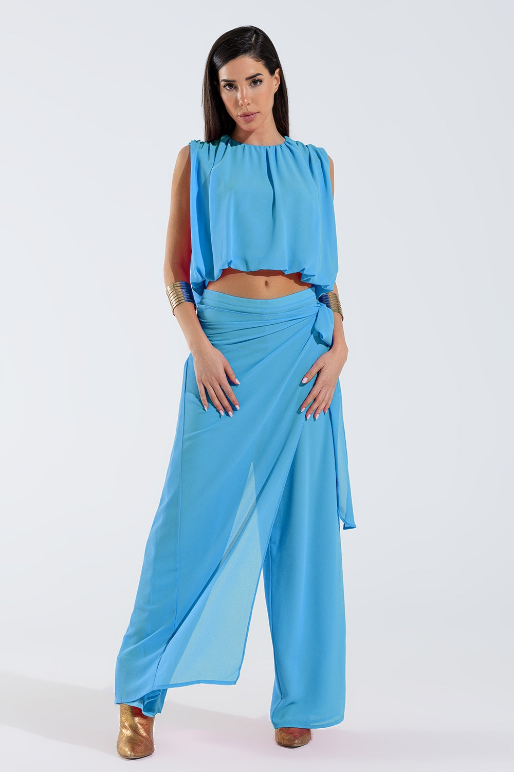 Wide Light blue Pants Overlay Skirt Tied At The Side Q2 Pants BoutiqueLua