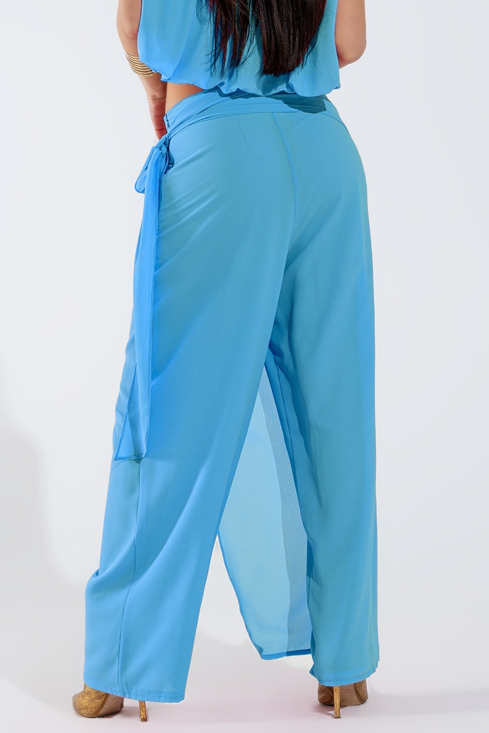 Wide Light blue Pants Overlay Skirt Tied At The Side Q2 Pants BoutiqueLua