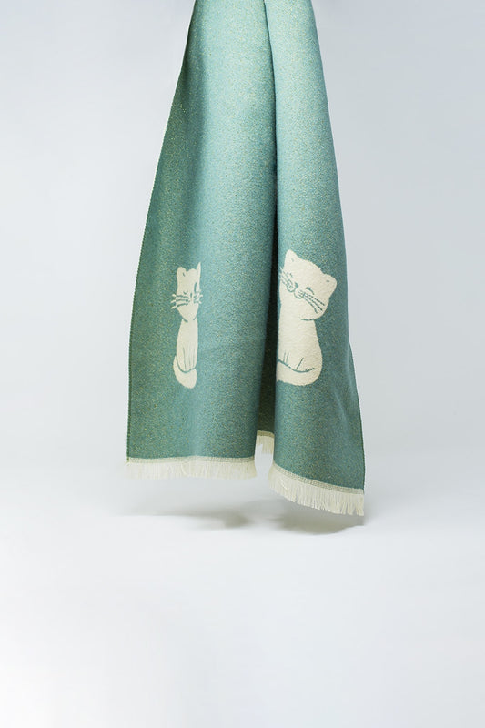 Q2 Wide scarf in aqua green with cat print