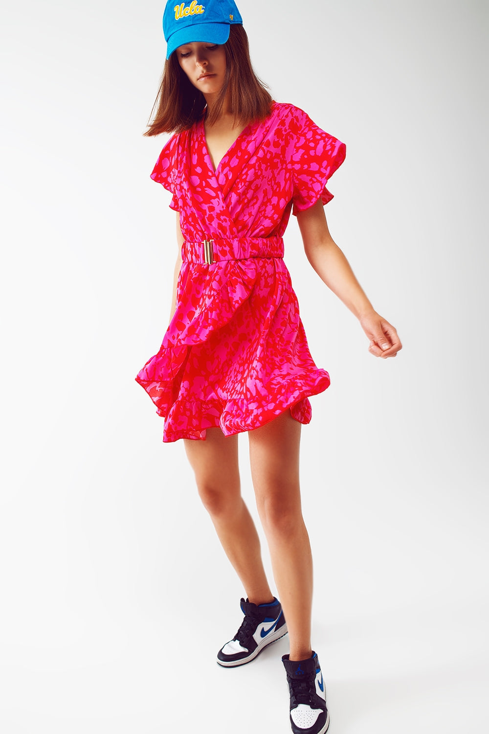 Q2 Wrap Belted Animal Print Mini Dress in Fuchsia