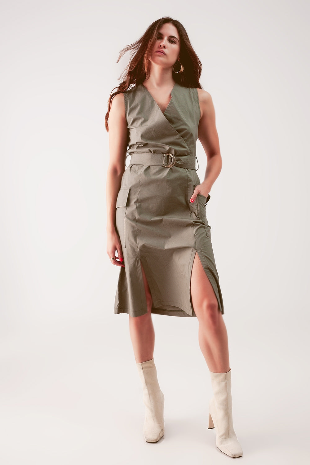 Wrap dress with tie waist detail in khaki Q2 Dresses BoutiqueLua