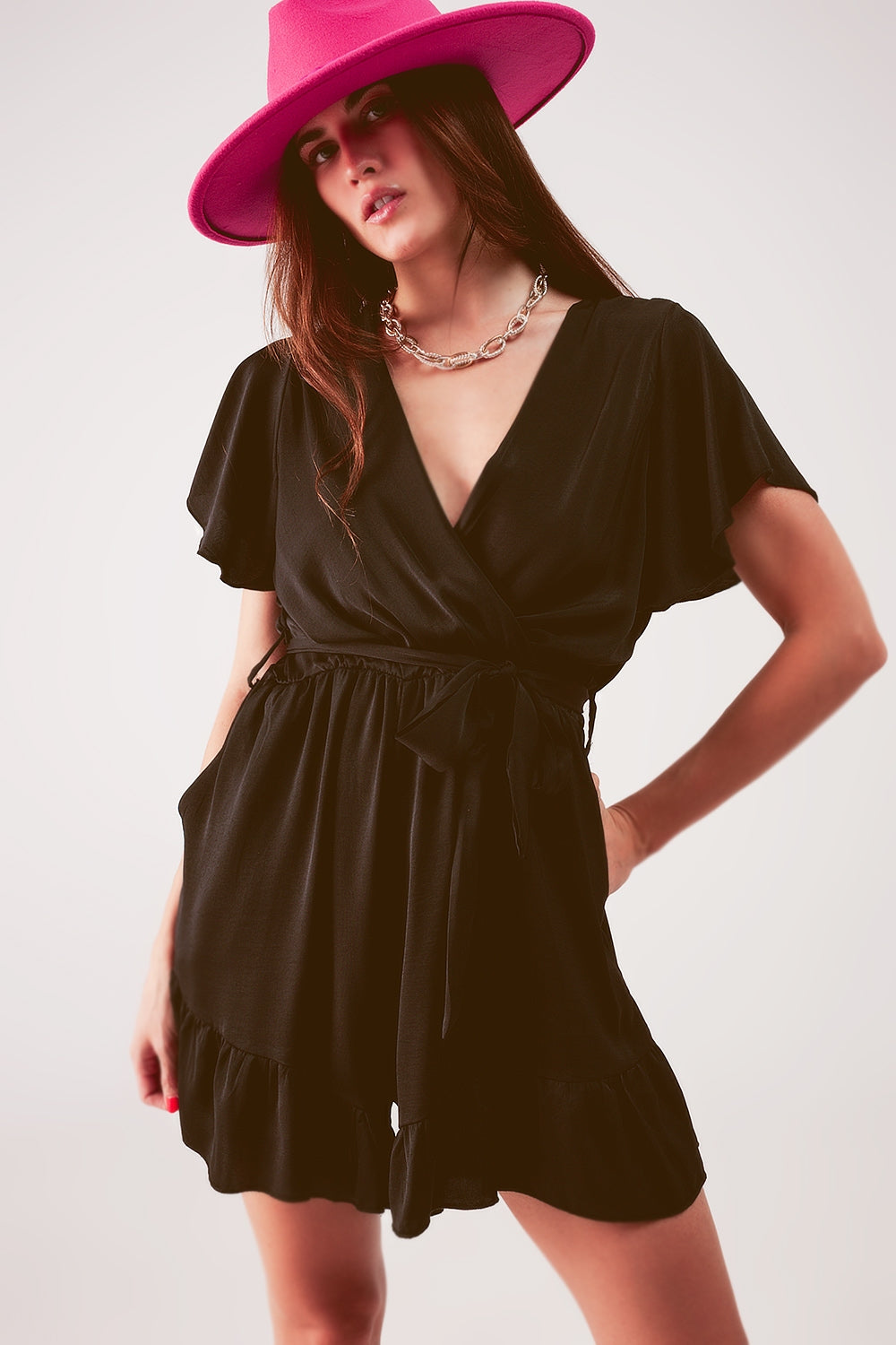 Wrap front frill hem jumpsuit in black Q2 Dresses BoutiqueLua