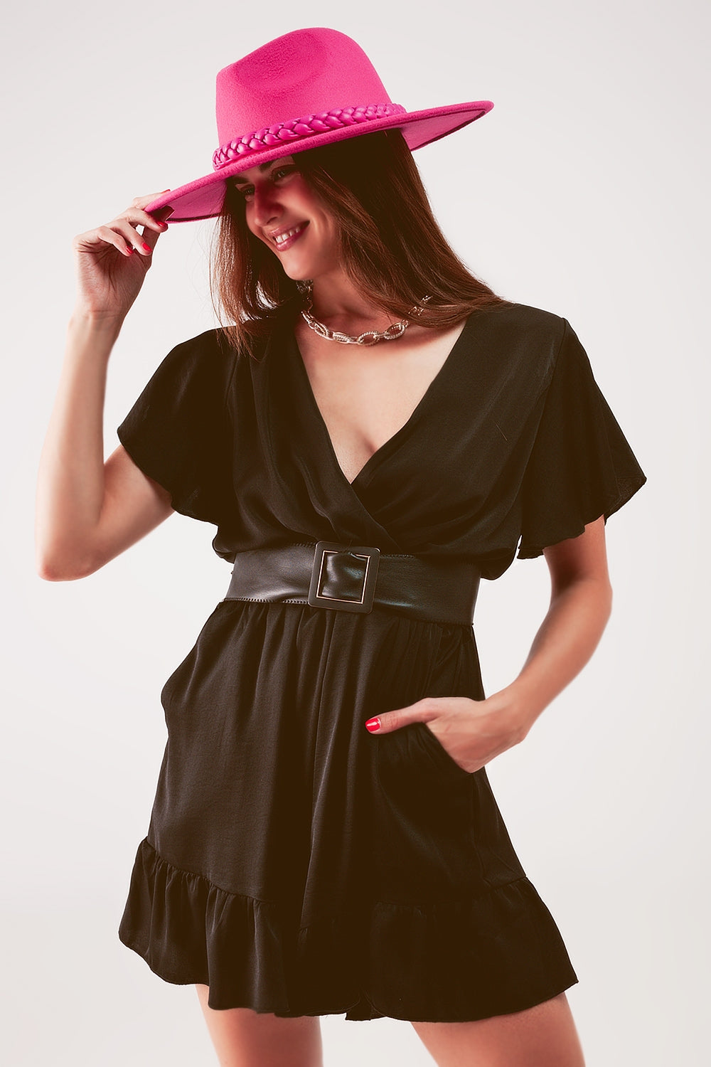 Wrap front frill hem jumpsuit in black Q2 Dresses BoutiqueLua