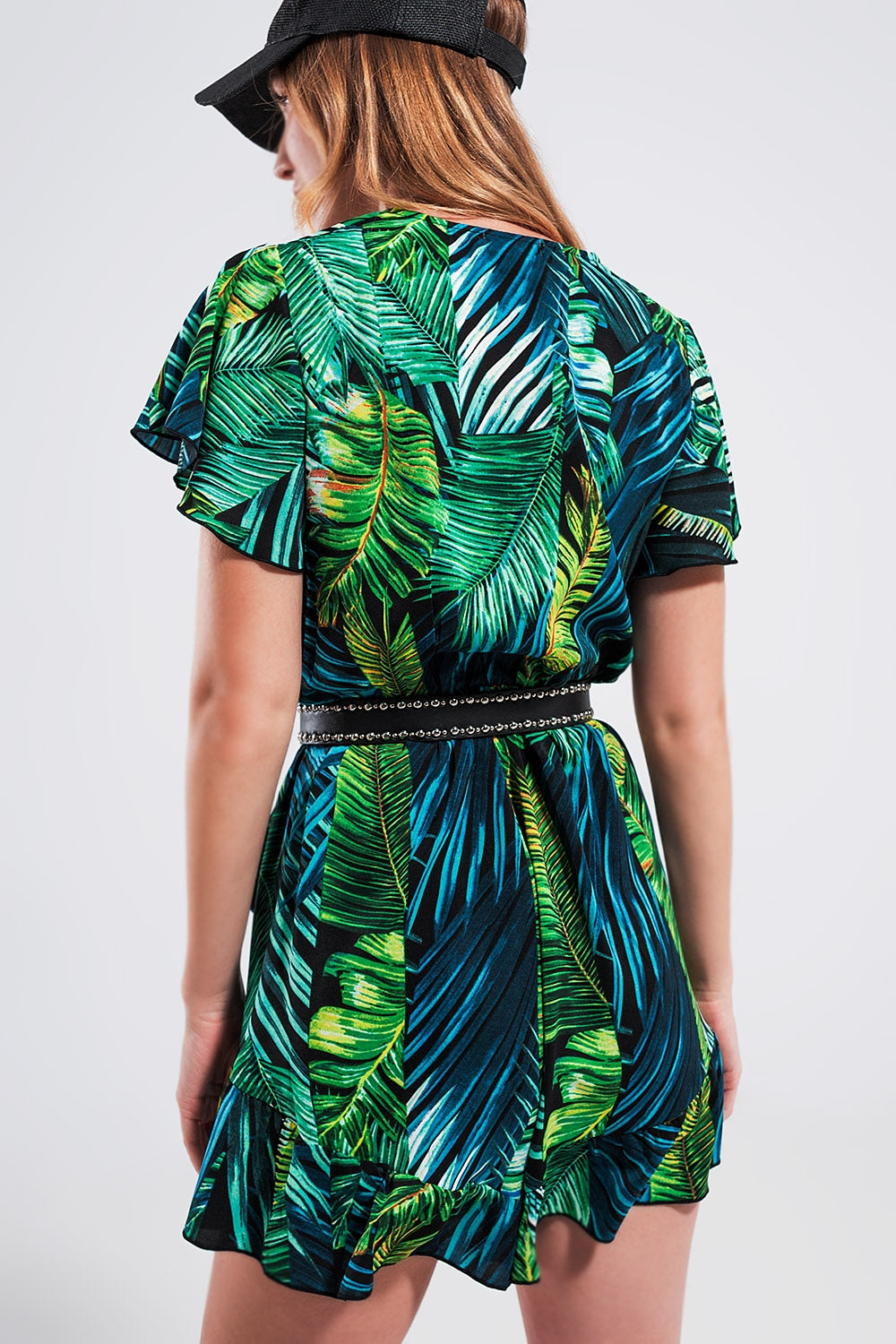 Wrap jumpsuit in green tropical print Q2 Dresses BoutiqueLua