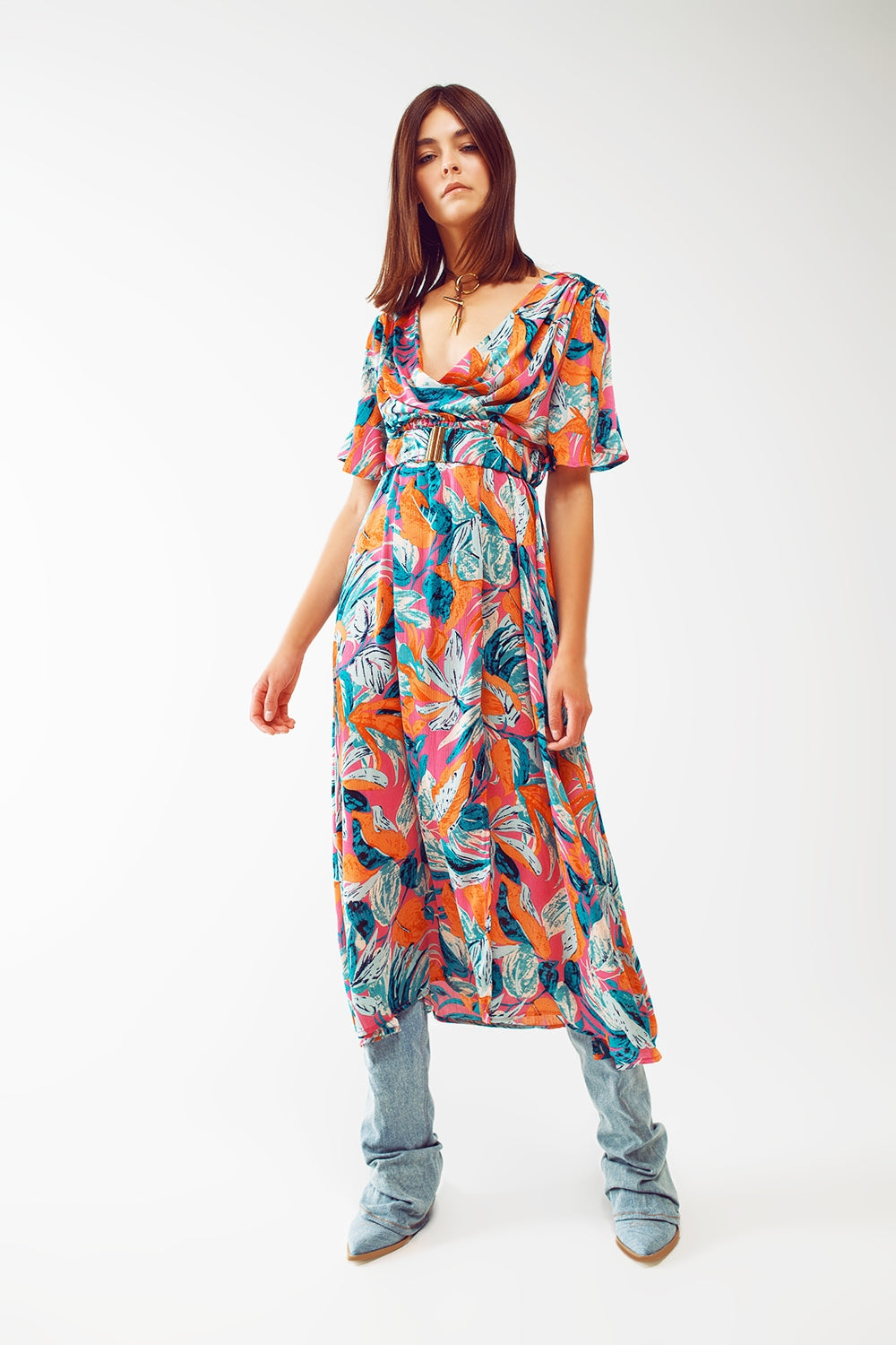 Wrap Maxi Belted Dress With Floral Print In Orange Q2 Dresses BoutiqueLua