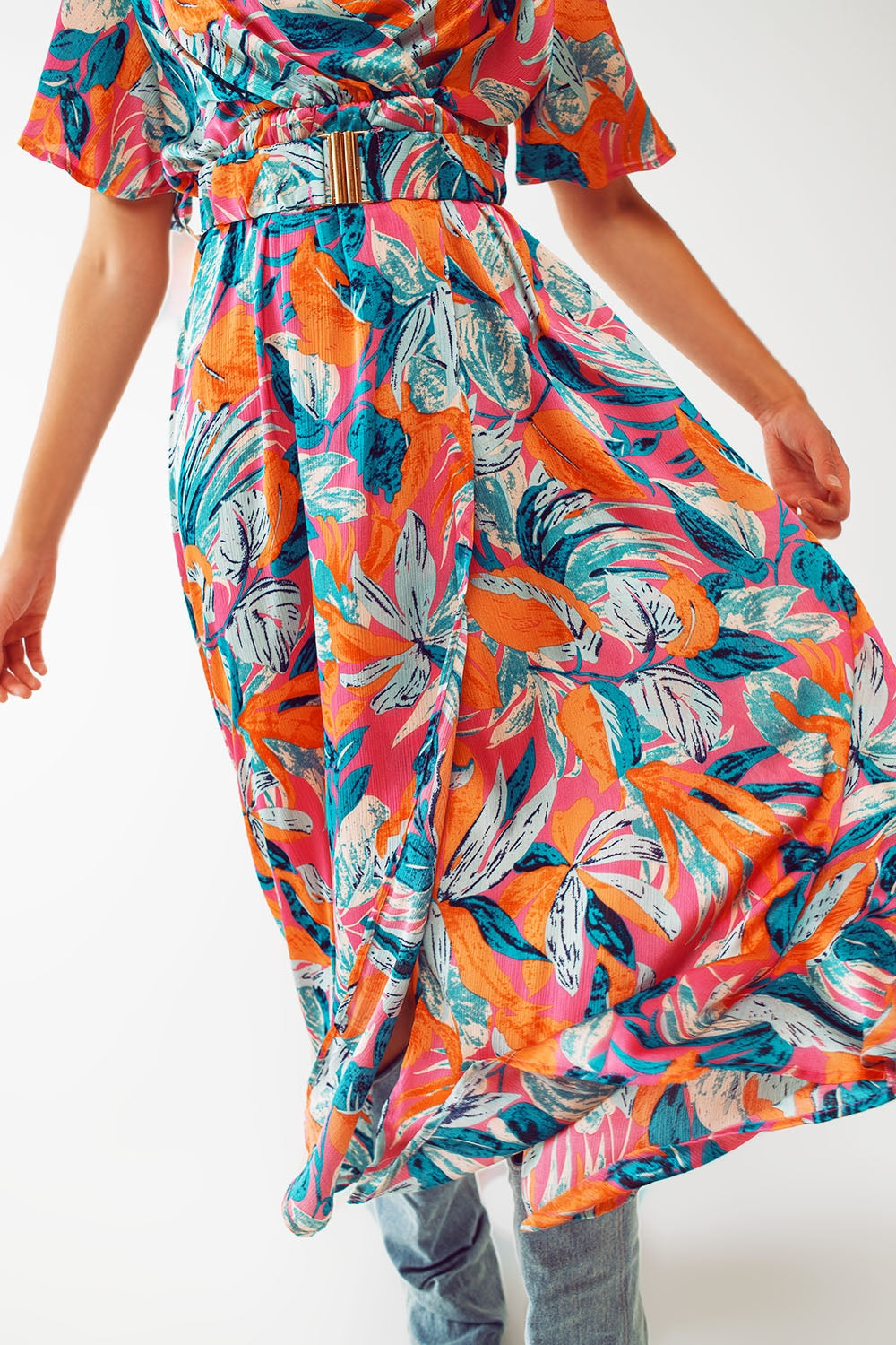 Wrap Maxi Belted Dress With Floral Print In Orange Q2 Dresses BoutiqueLua