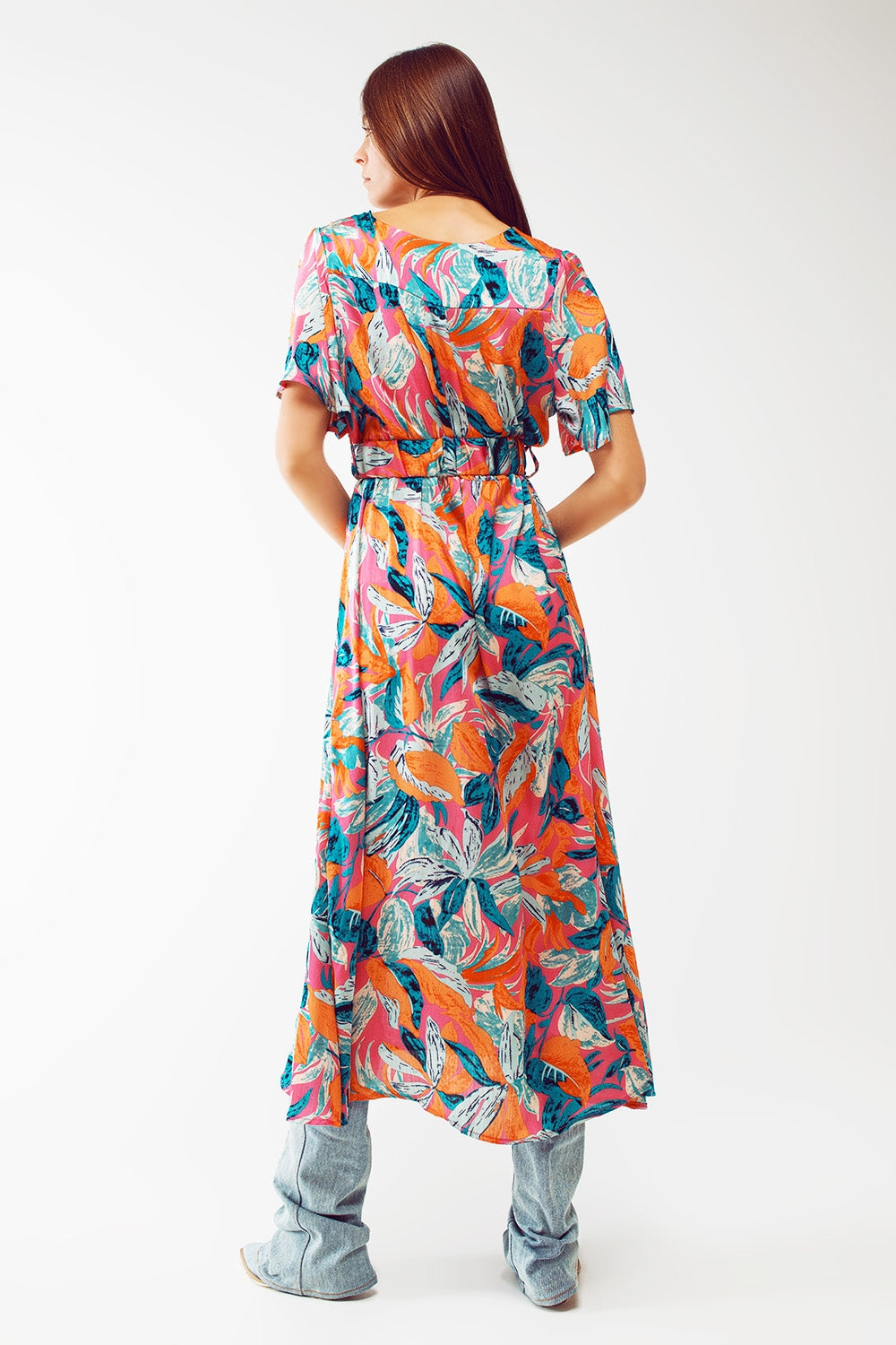 Wrap Maxi Belted Dress With Floral Print In Orange Q2 Dresses BoutiqueLua