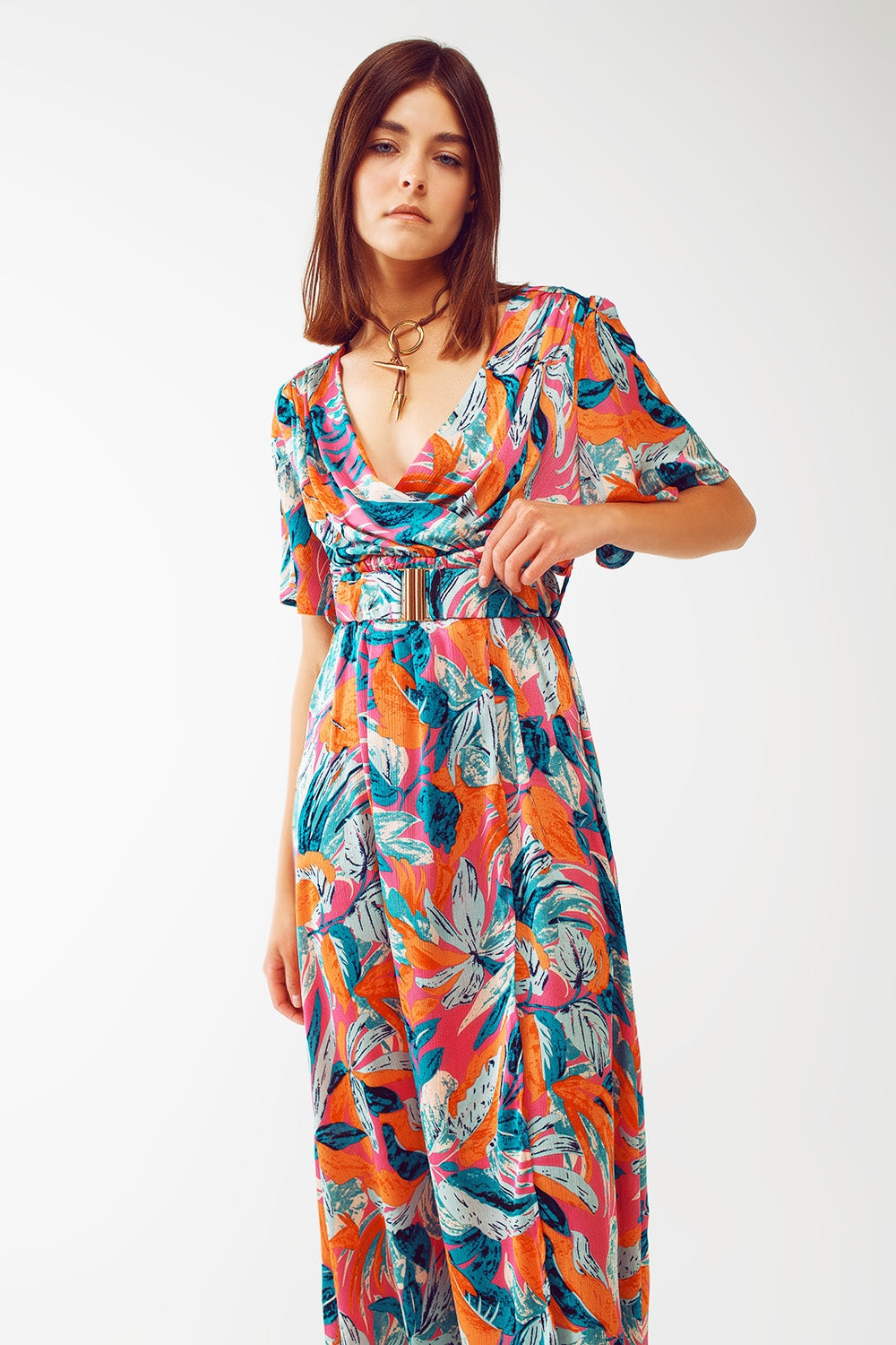 Wrap Maxi Belted Dress With Floral Print In Orange Q2 Dresses BoutiqueLua