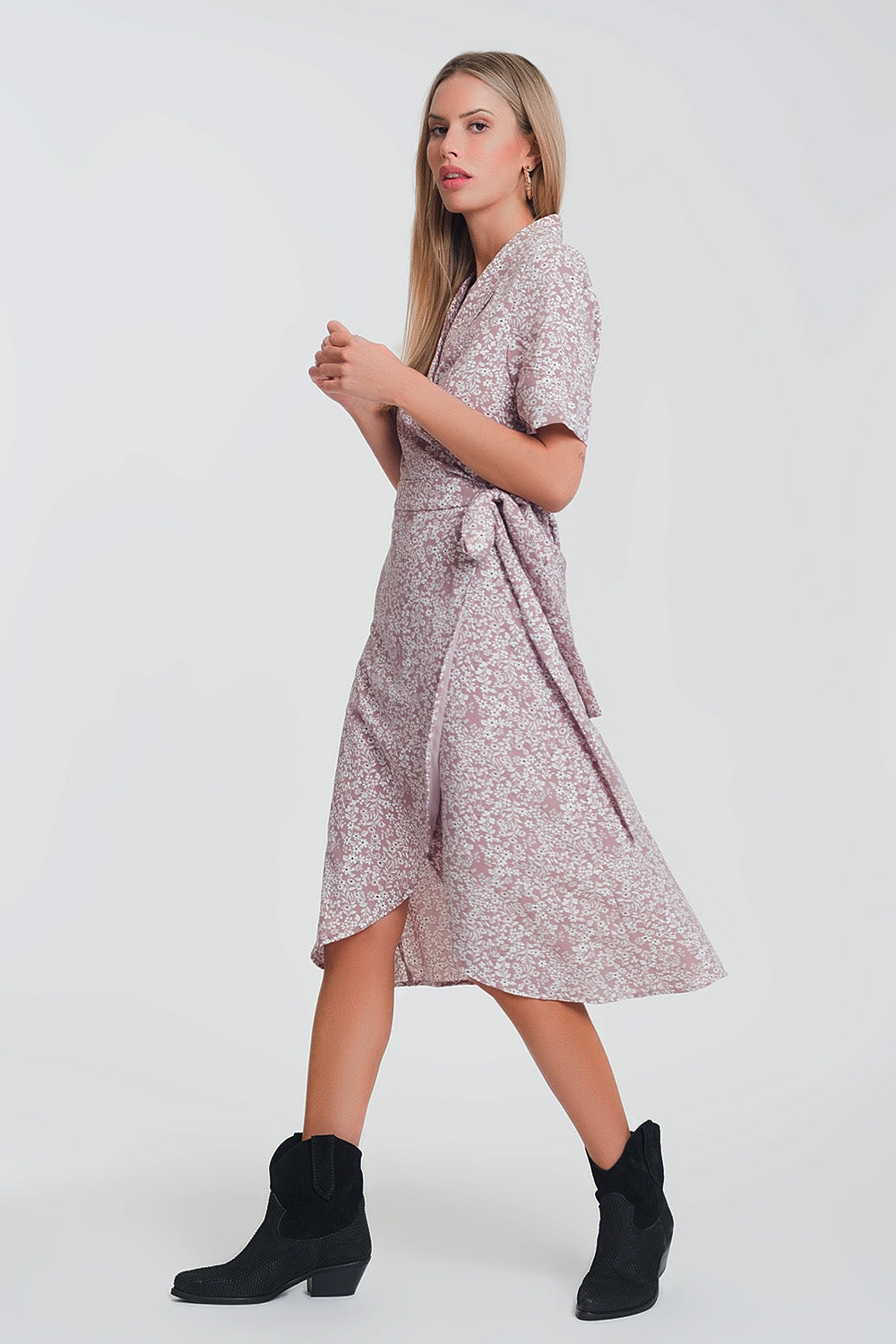 wrap midi dress in pink floral print Q2 Dresses BoutiqueLua