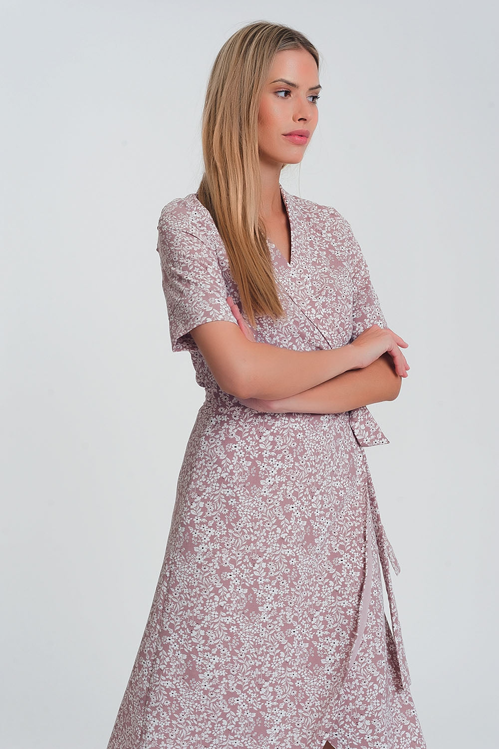 wrap midi dress in pink floral print Q2 Dresses BoutiqueLua