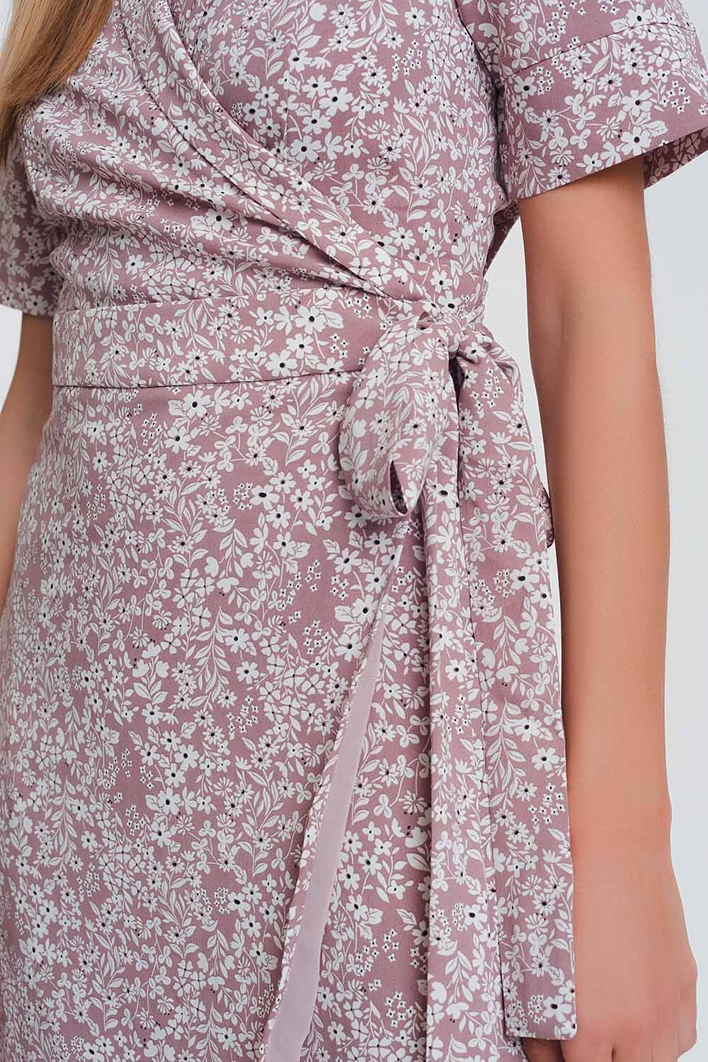 wrap midi dress in pink floral print Q2 Dresses BoutiqueLua