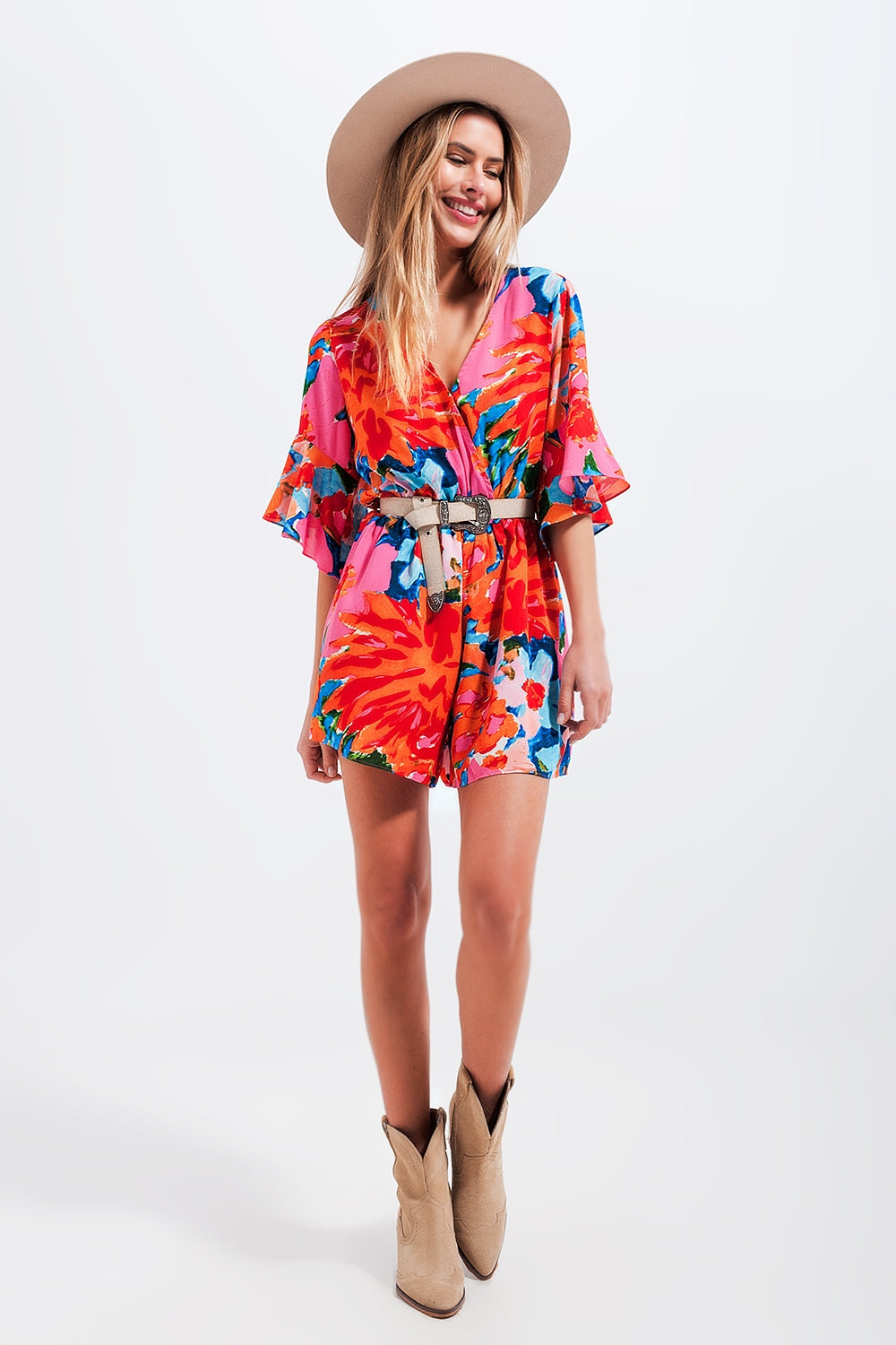 Wrap playsuit in floral Q2 Dresses BoutiqueLua