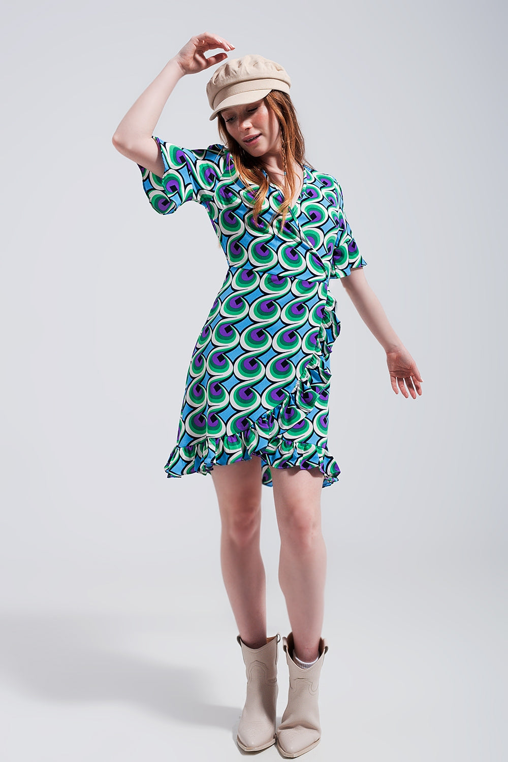 Wrap ruffle hem mini dress in 70s blue print Q2 Dresses BoutiqueLua