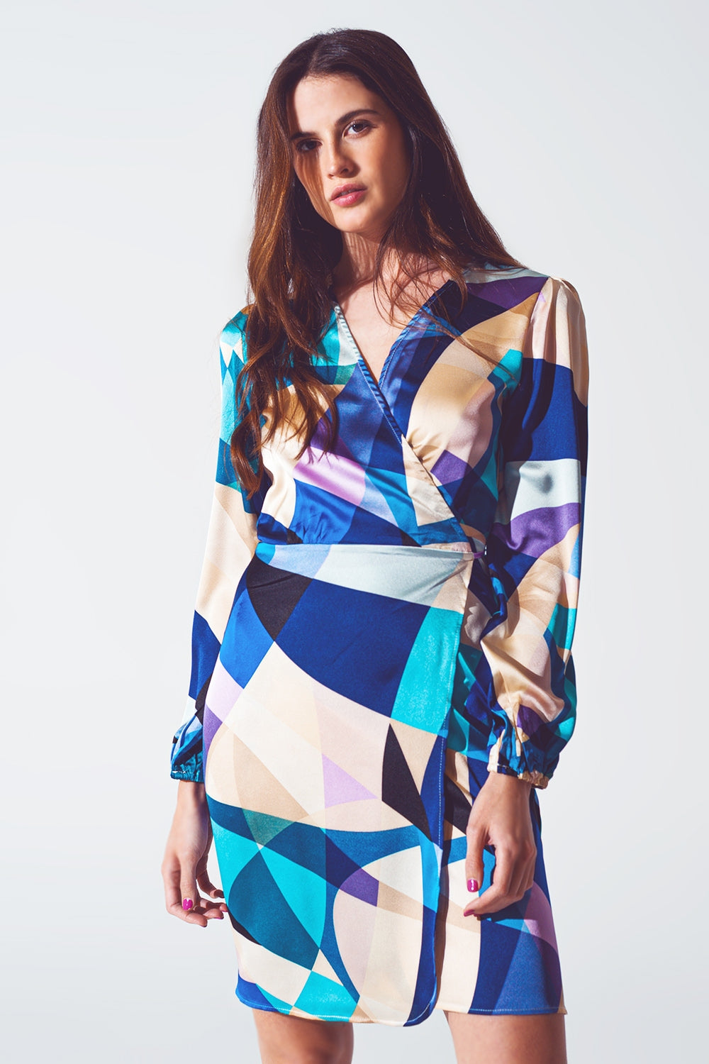 Wrap Short Abstract Print Dress in Blue Q2 Dresses BoutiqueLua