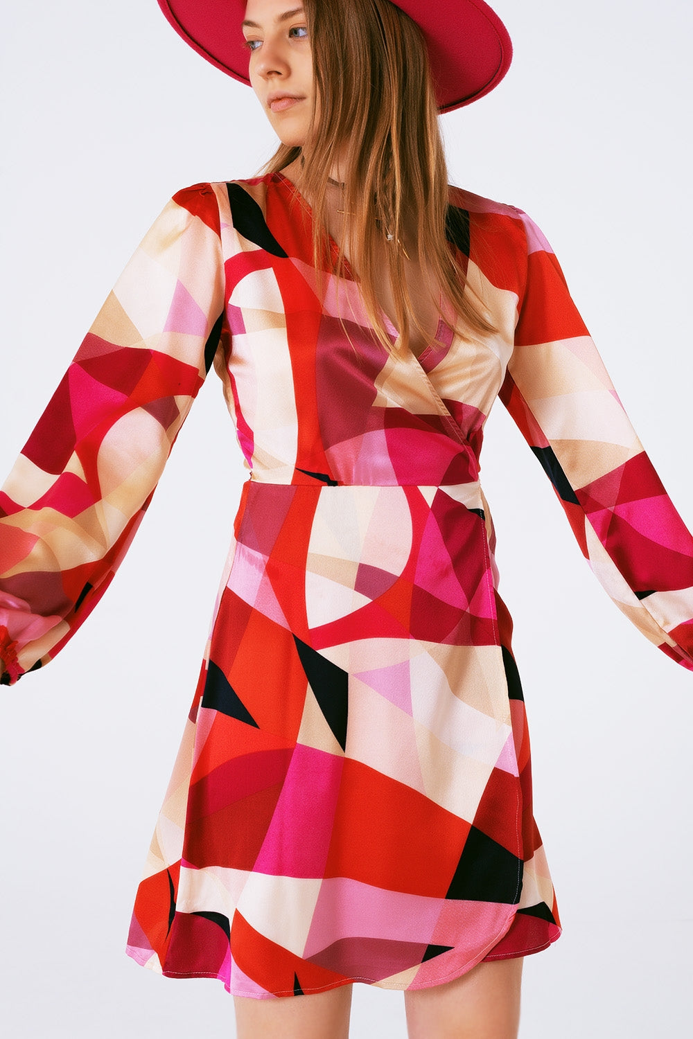 Wrap Short Abstract Print Dress in Fuxia Q2 Dresses BoutiqueLua