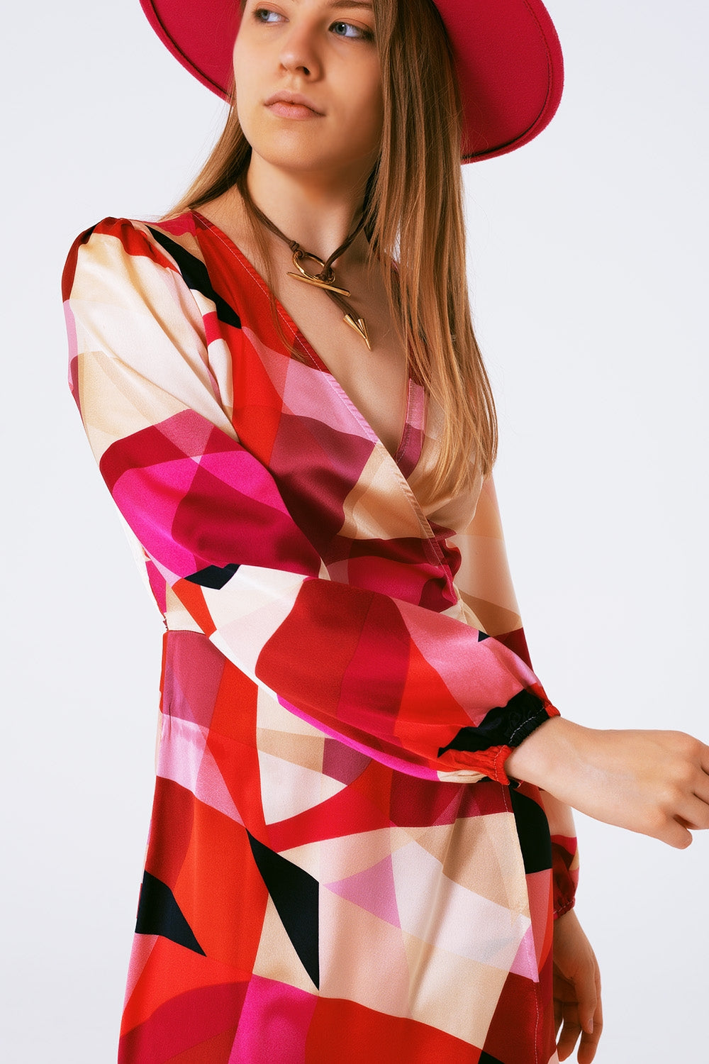 Wrap Short Abstract Print Dress in Fuxia Q2 Dresses BoutiqueLua