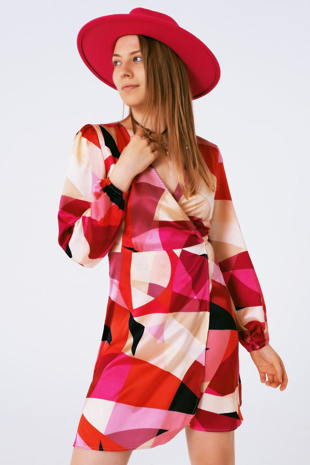 Wrap Short Abstract Print Dress in Fuxia Q2 Dresses BoutiqueLua