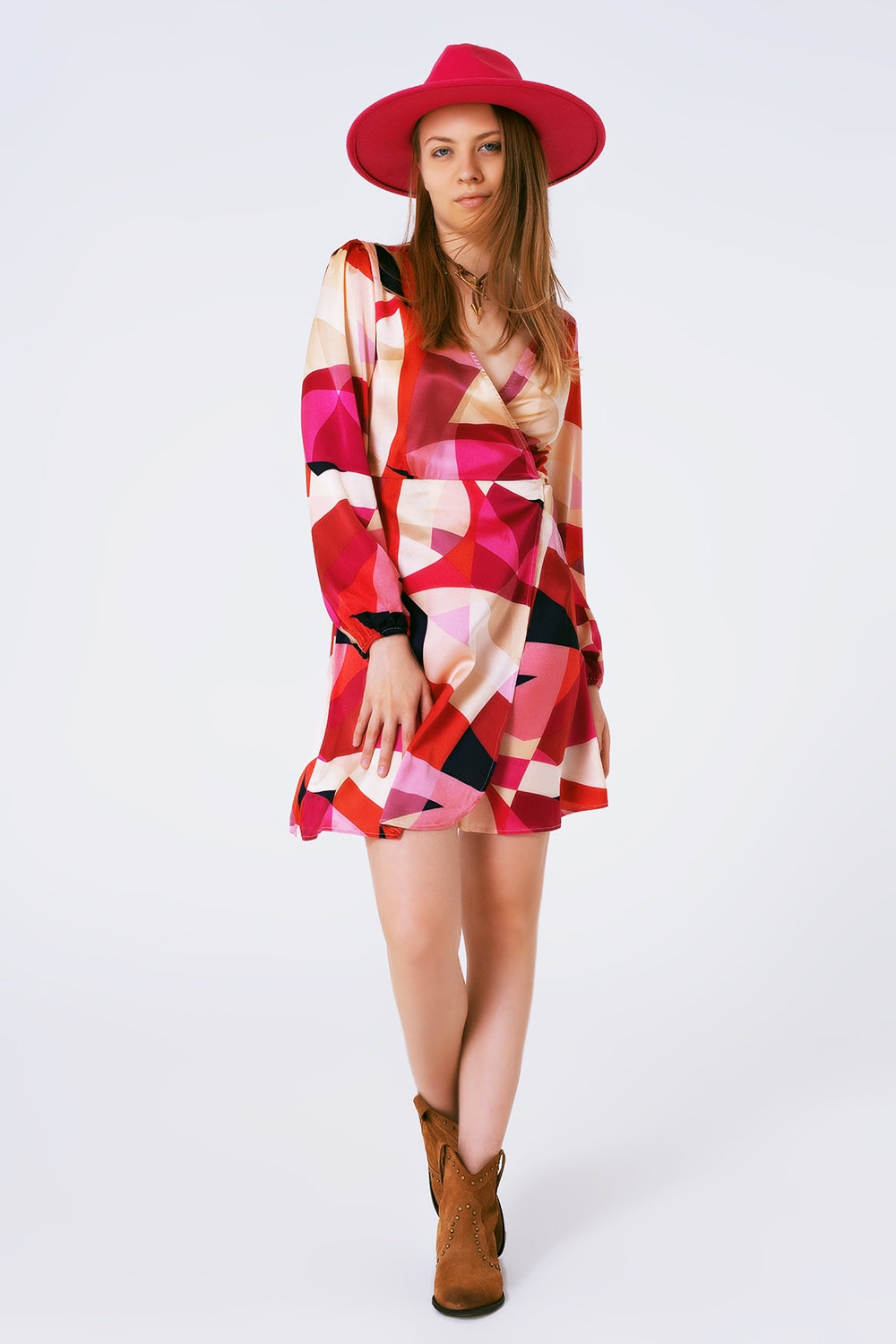 Wrap Short Abstract Print Dress in Fuxia Q2 Dresses BoutiqueLua