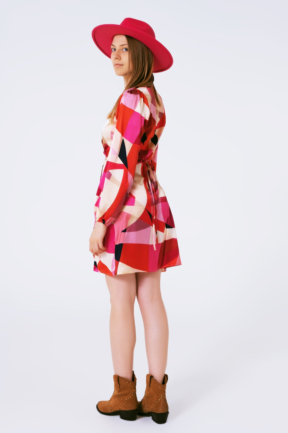 Wrap Short Abstract Print Dress in Fuxia Q2 Dresses BoutiqueLua