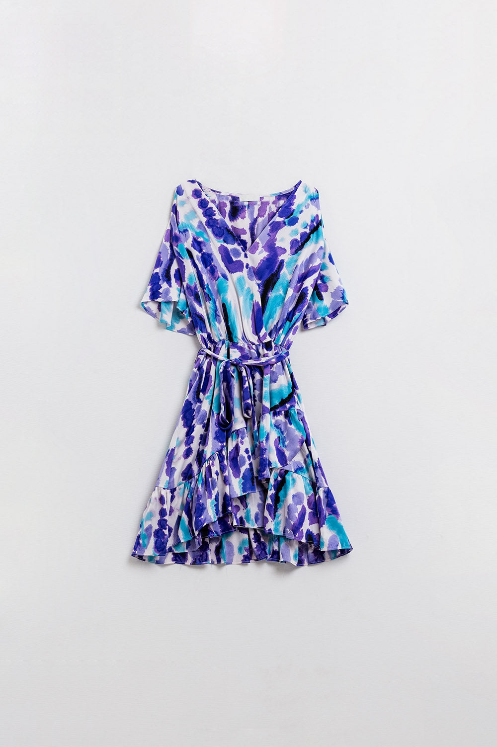 Wrap Short Dress In Blue and Purple Tie-dye Q2 Dresses BoutiqueLua