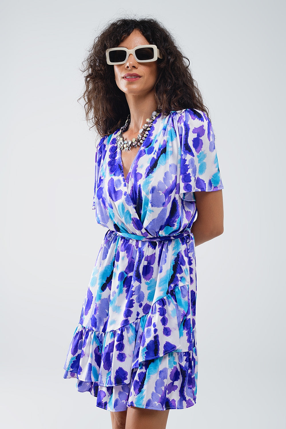 Wrap Short Dress In Blue and Purple Tie-dye Q2 Dresses BoutiqueLua