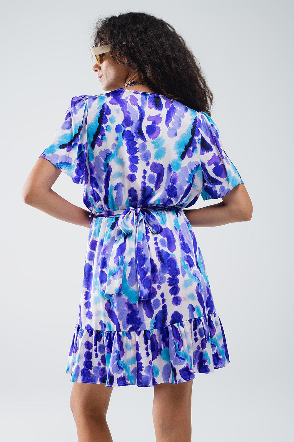 Wrap Short Dress In Blue and Purple Tie-dye Q2 Dresses BoutiqueLua