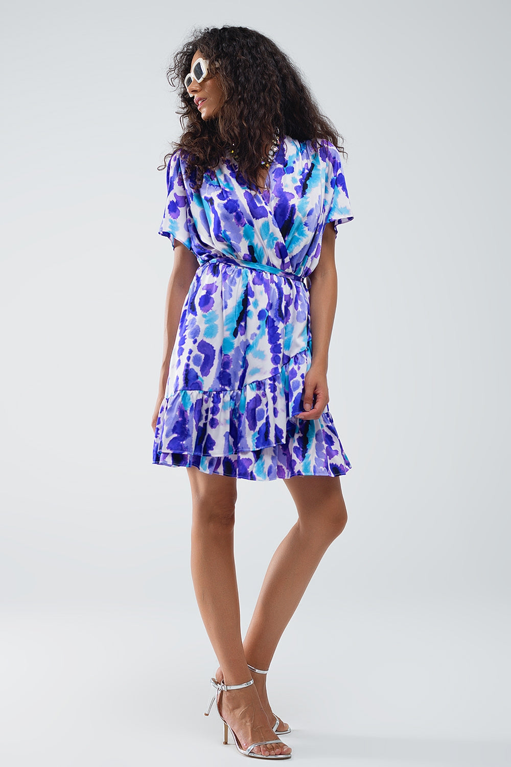 Q2 Wrap Short Dress In Blue and Purple Tie-dye