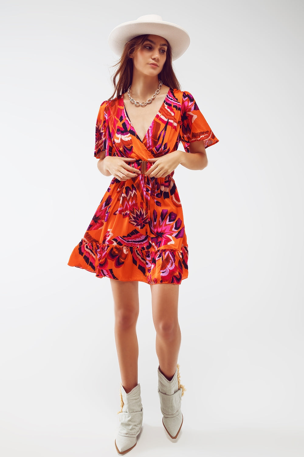 Wrap Short Dress With Angel Sleeves In Abstract Floral Print Q2 Dresses BoutiqueLua