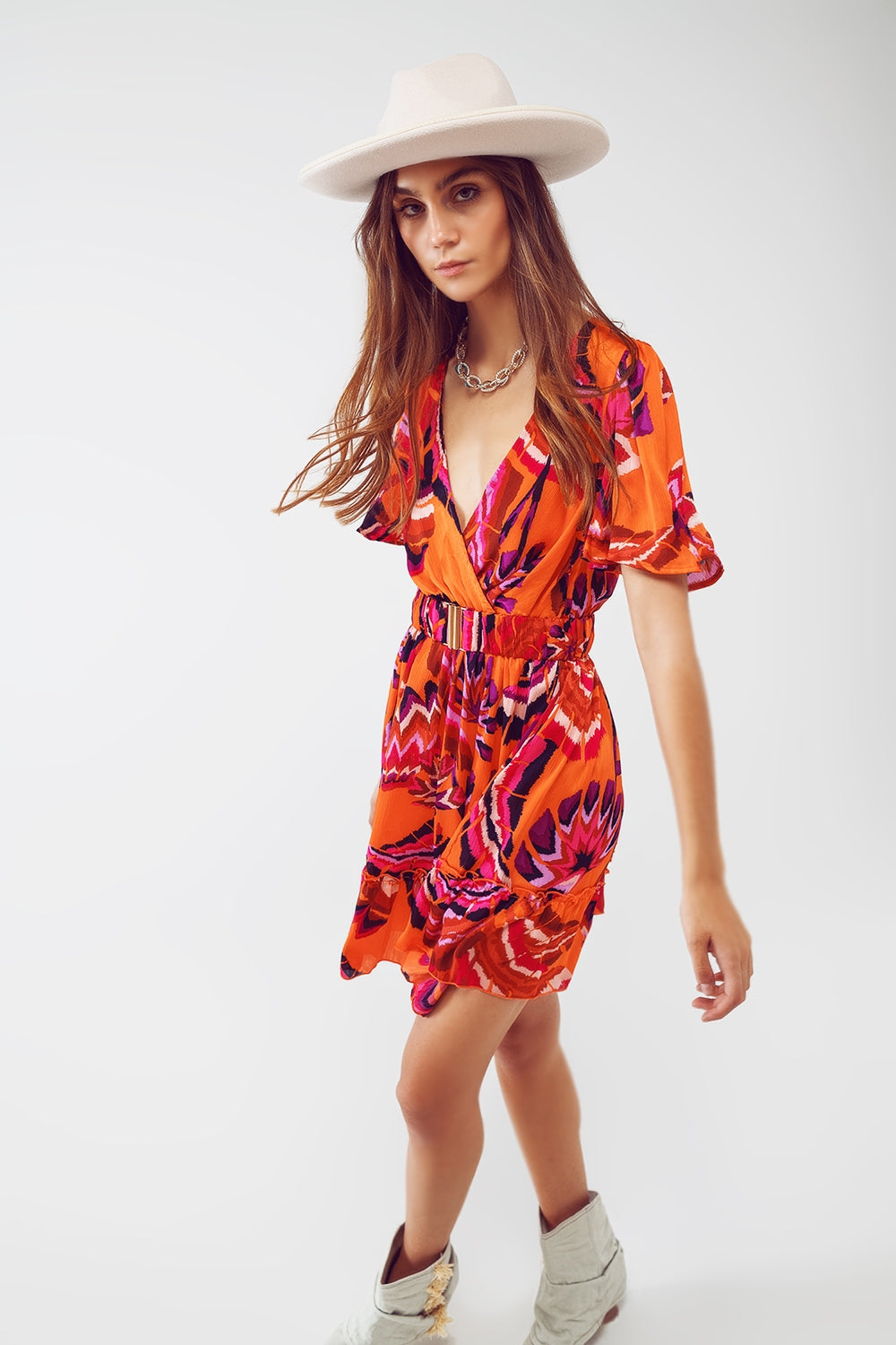 Wrap Short Dress With Angel Sleeves In Abstract Floral Print Q2 Dresses BoutiqueLua