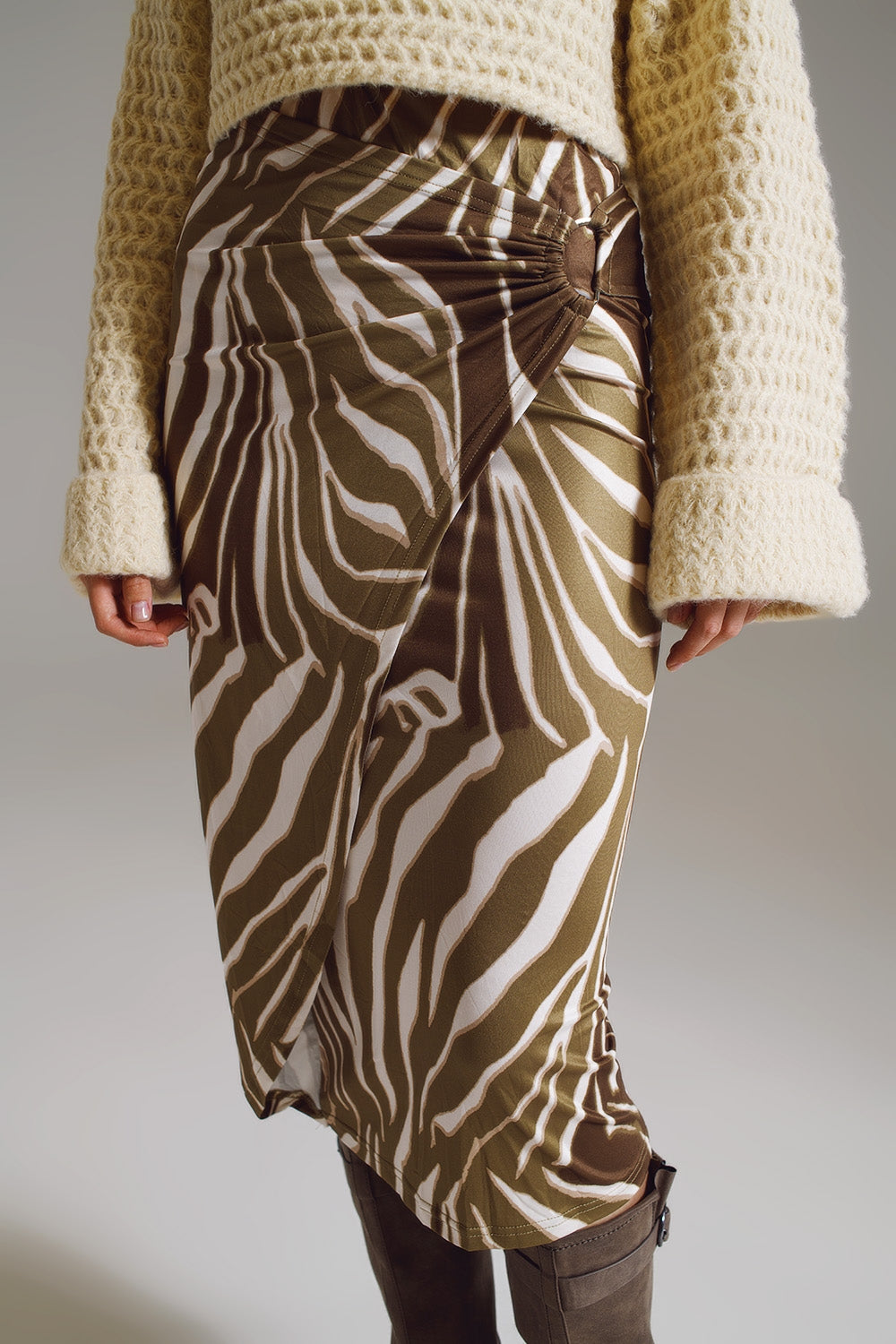 Wrap skirt with gathered detail at the side in Olive Green and Cream Zebra Print Q2 Skirts BoutiqueLua