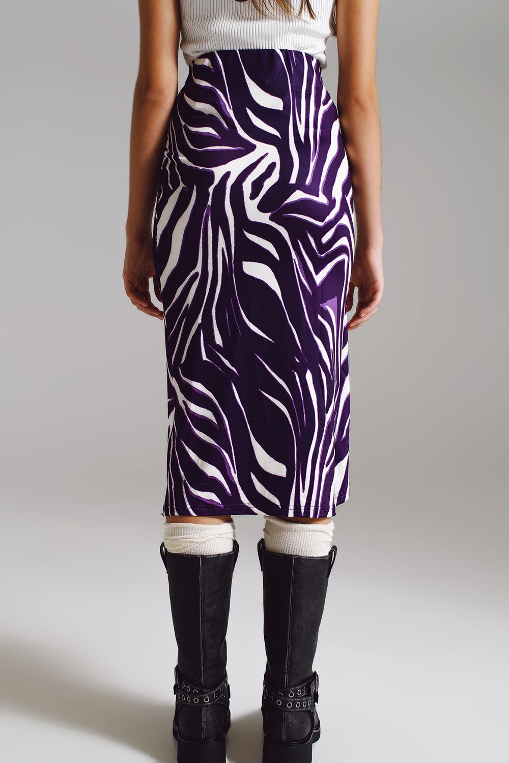 Wrap skirt with gathered detail at the side in Purple and Cream Zebra Print Q2 Skirts BoutiqueLua