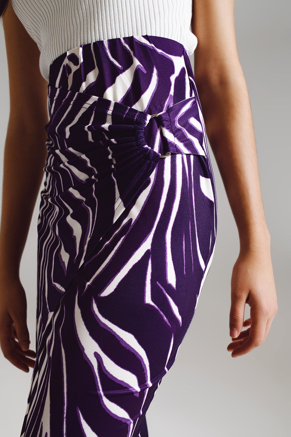 Wrap skirt with gathered detail at the side in Purple and Cream Zebra Print Q2 Skirts BoutiqueLua