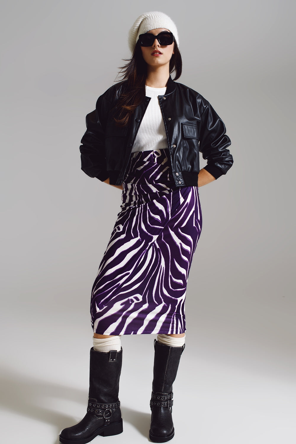 Wrap skirt with gathered detail at the side in Purple and Cream Zebra Print Q2 Skirts BoutiqueLua