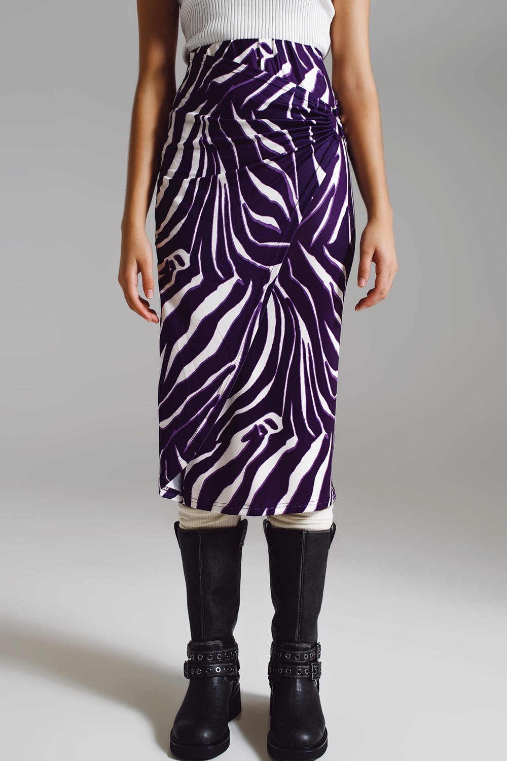 Wrap skirt with gathered detail at the side in Purple and Cream Zebra Print Q2 Skirts BoutiqueLua