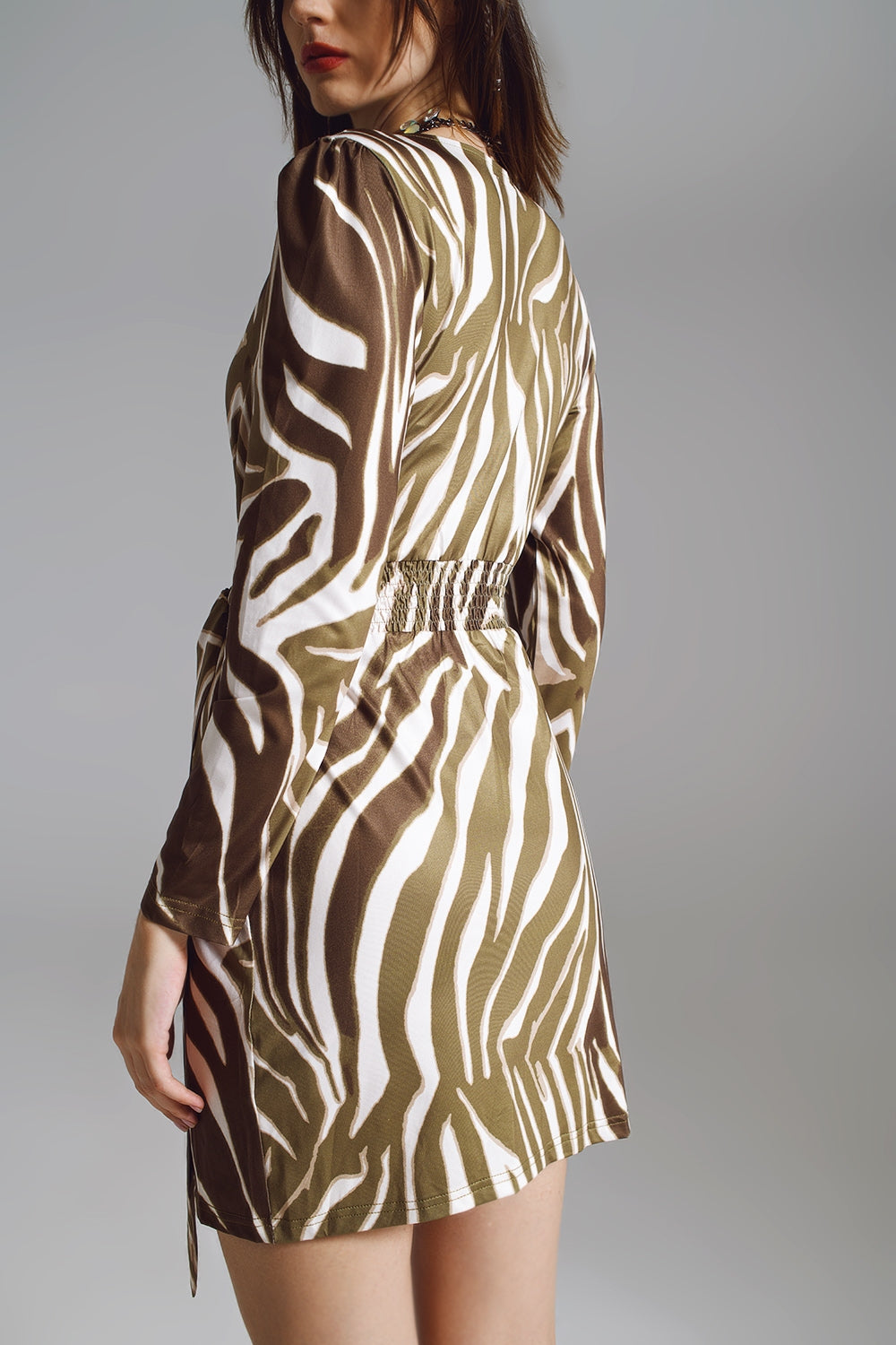 Wrapped Long Sleeve dress With Belt in Cream and Olive Green Zebra Print Q2 Dresses BoutiqueLua