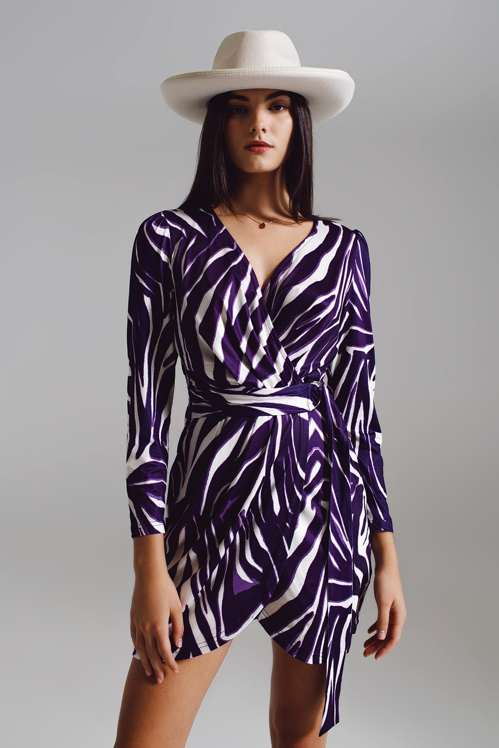 Wrapped Long Sleeve dress With Belt in Cream and Purple Zebra Print Q2 Dresses BoutiqueLua