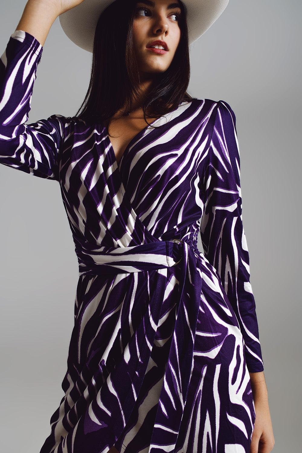 Wrapped Long Sleeve dress With Belt in Cream and Purple Zebra Print Q2 Dresses BoutiqueLua