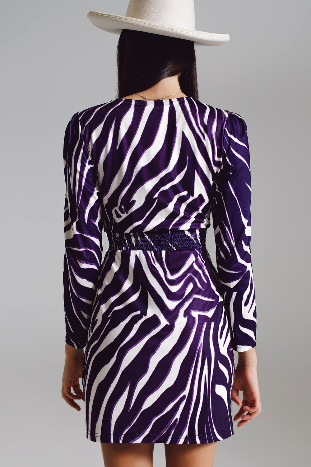 Wrapped Long Sleeve dress With Belt in Cream and Purple Zebra Print Q2 Dresses BoutiqueLua