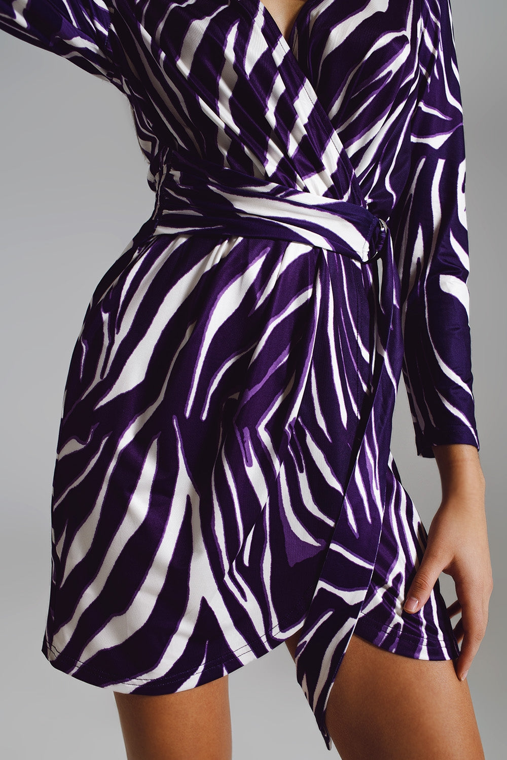 Wrapped Long Sleeve dress With Belt in Cream and Purple Zebra Print Q2 Dresses BoutiqueLua