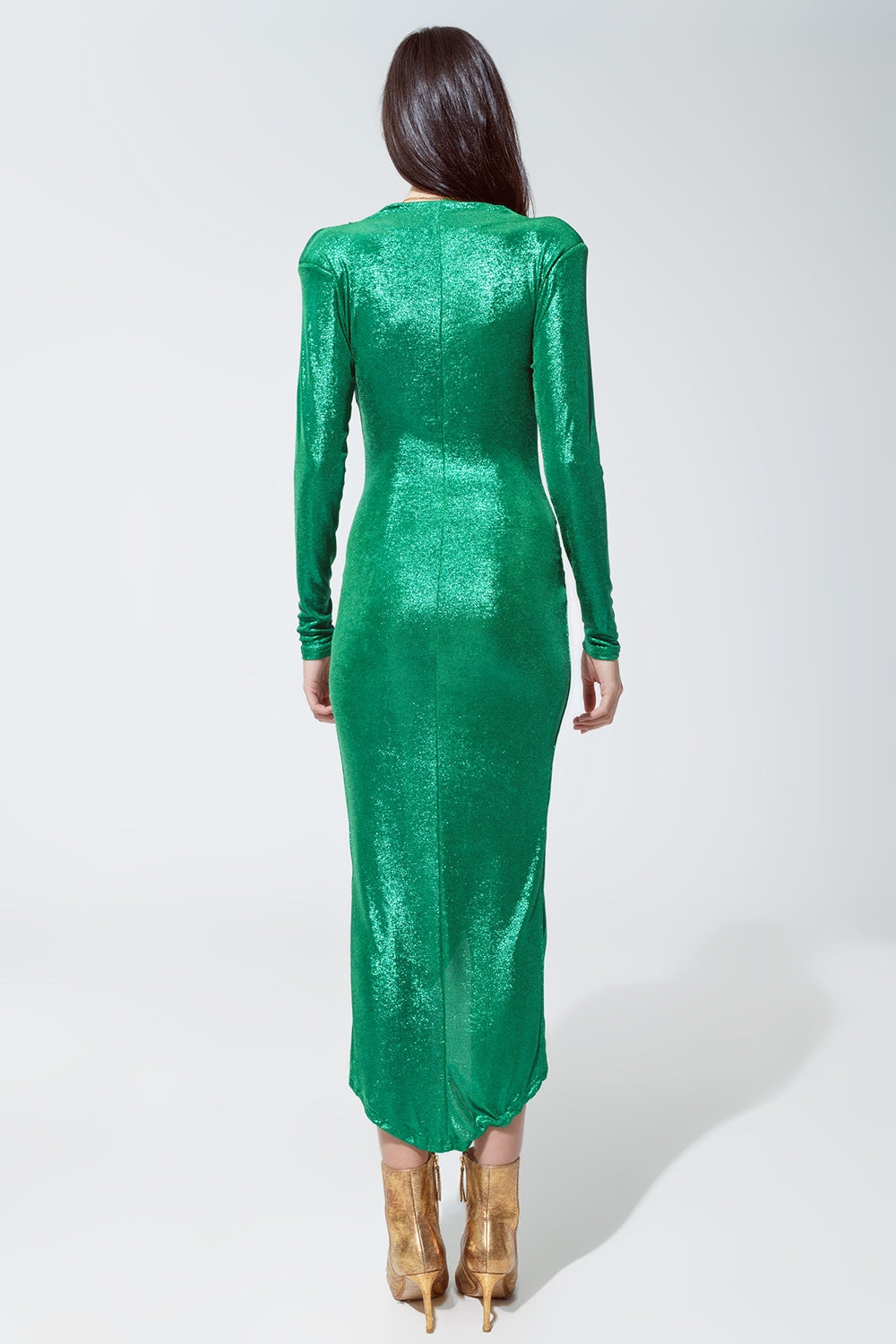 Wrapped Party Dress With Plunge Neckline in Metallic Green Q2 Dresses BoutiqueLua