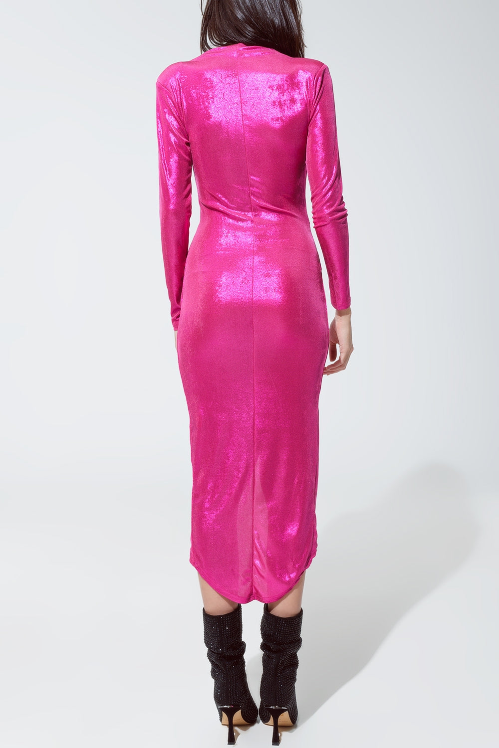 Wrapped Party Dress With Plunge Neckline in Metallic Pink Q2 Dresses BoutiqueLua