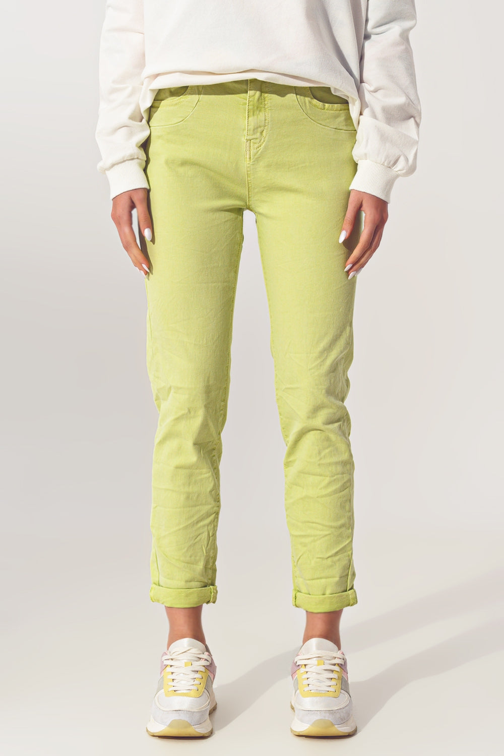 Q2 Wrinkled Skinny Jeans in Lime Green