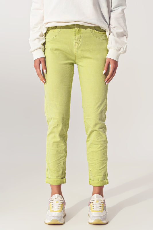 Q2 Wrinkled Skinny Jeans in Lime Green